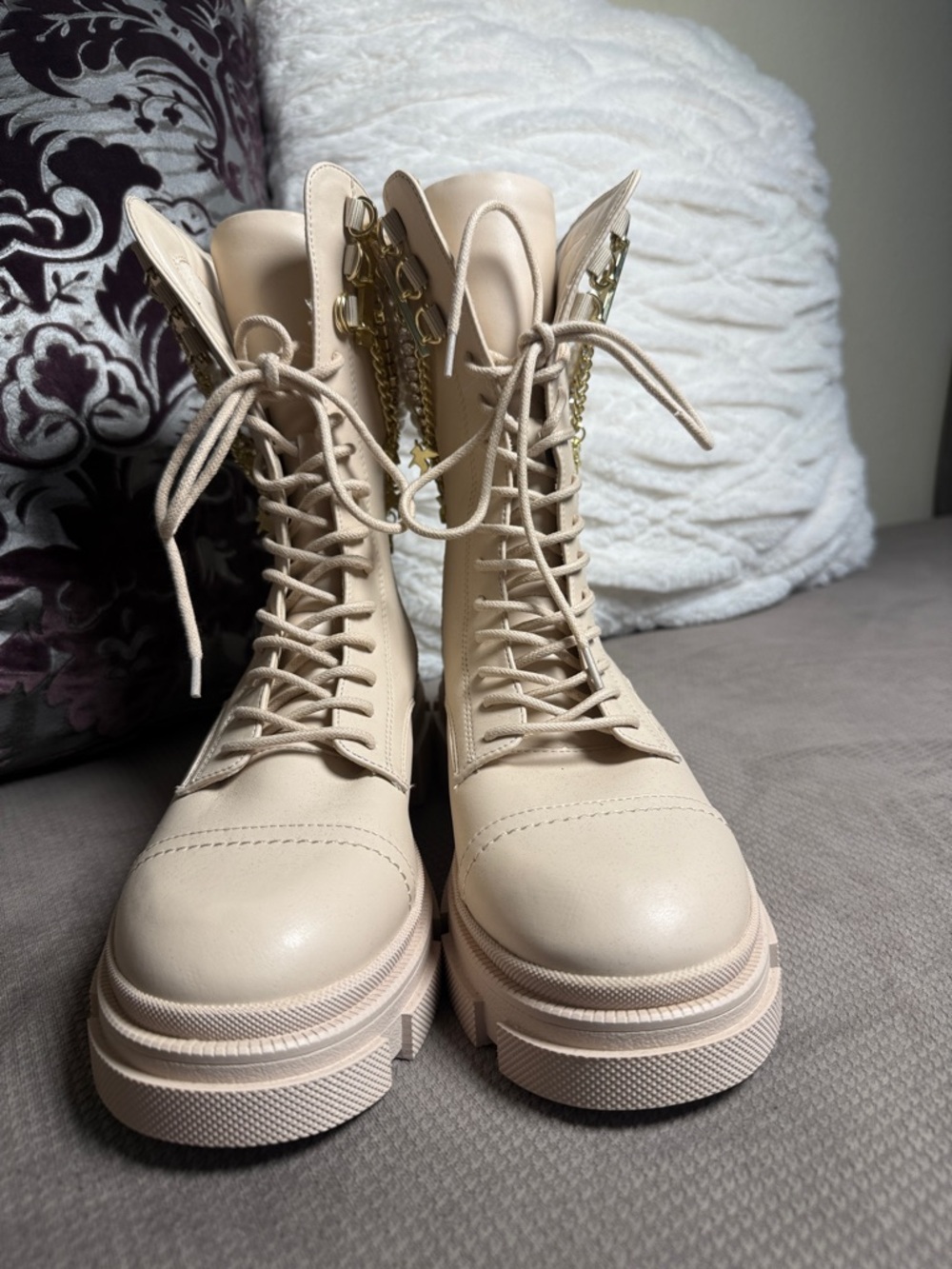 Beige Lace-Up Platform Combat Boots with Pearl & Gold Chain Detail - Picture 3 of 11